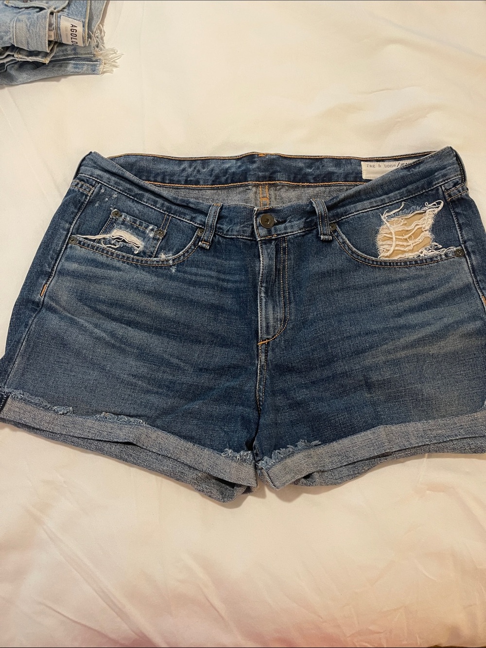 rag & bone Distressed Rolled-Hem Dark Blue Denim Shorts